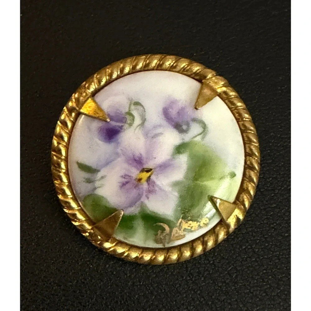 Vintage Porcelain Brooch Floral Hand Painted Gold Tone Purple Signed